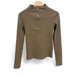 Zara Taupe Ribbed Zip-Up Top